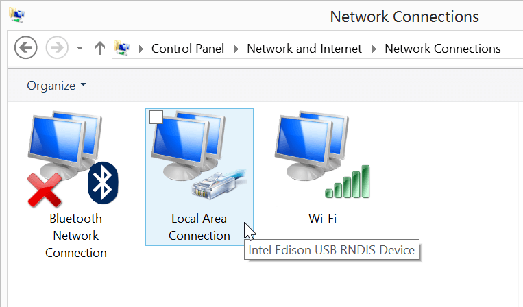 "Local Area Connection" network adapter entry with label "Intel Edison USB RNDIS Device"