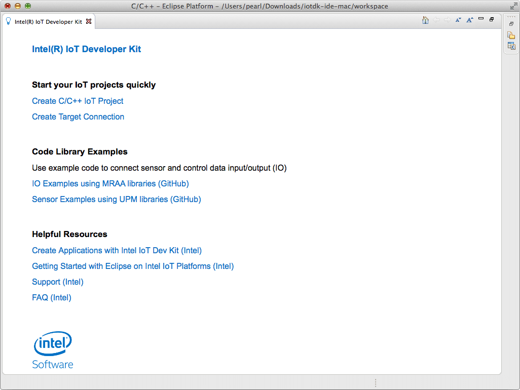 Intel® IoT Developer Kit welcome screen in Eclipse