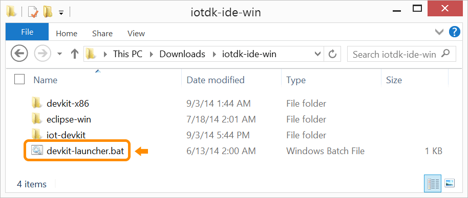 The batch file highlighted in the iotdk_ide folder