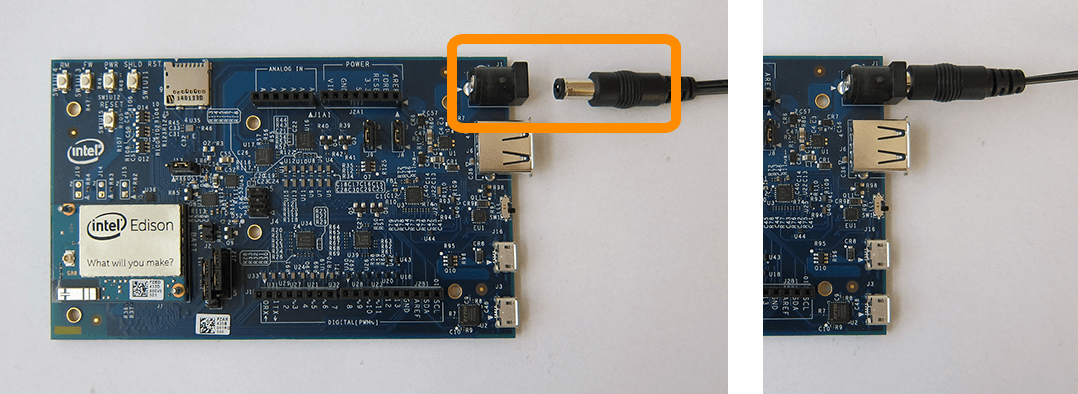 DC power supply being plugged into power barrel connector