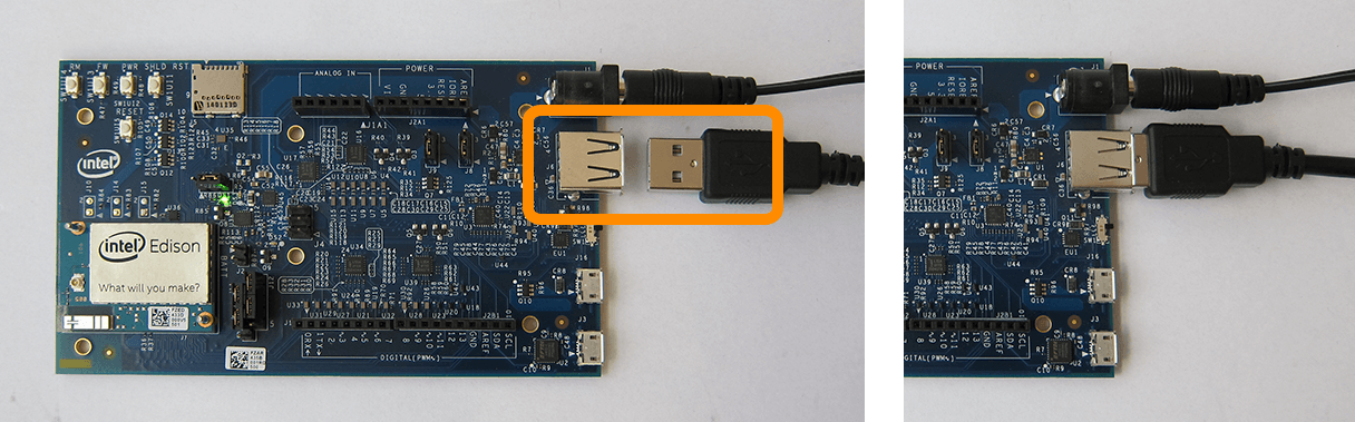 USB cable being plugged into standard-sized USB connector on expansion board