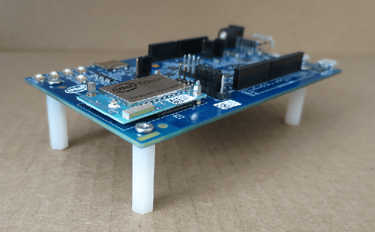 Side view of Arduino expansion board with plastic spacers installed