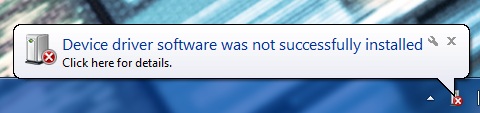 Windows message that a device driver software was not successfully installed