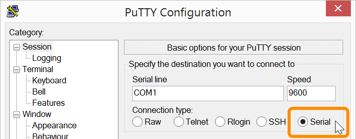 Serial radio button in PuTTY